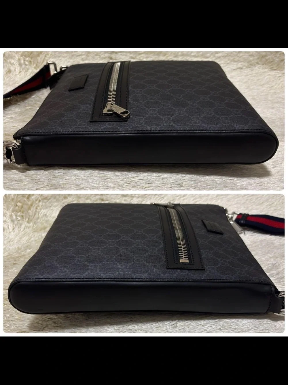 Gucci Black GG Supreme Messenger Bag with Navy & Red Web Strap